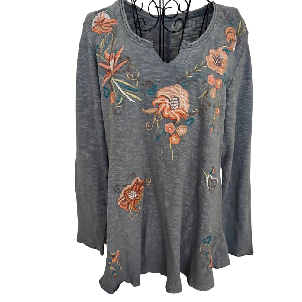 CAITE Handmade Embroidered Floral Slub Knit 100% Cotton Swing Top Boho Lagenlook